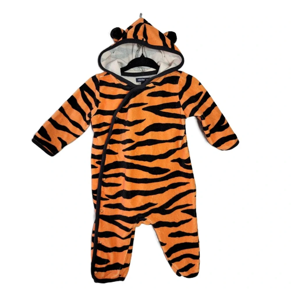 Baby Gap Tiger Costume Hooded Velour Romper Jumpsuit 3-6‎ Months Orange Black